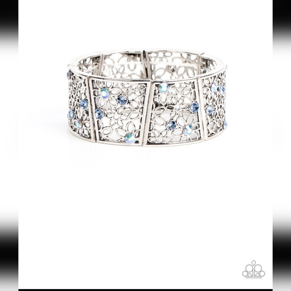 Spring Greetings - Blue Iridescent Rhinestone Silver Floral Stretchy Bracelet -